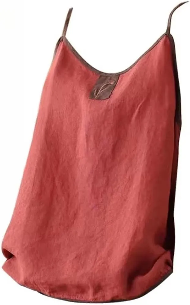 Women's Vintage Contrast Sleeveless Embroidered Camisole in Linen Cotton Blend for Autumn Retro Style