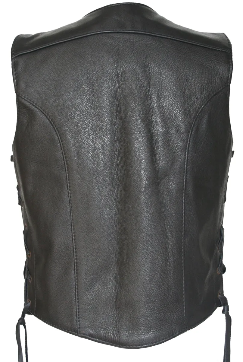 Women's Zip Up Black Biker Leather Vest with gun pockets