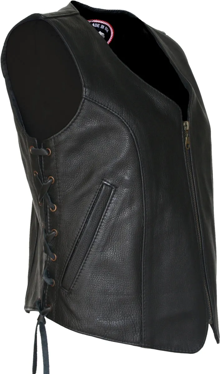 Women's Zip Up Black Biker Leather Vest with gun pockets