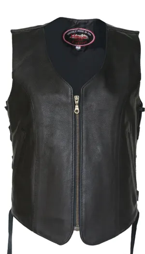 Women's Zip Up Black Biker Leather Vest with gun pockets