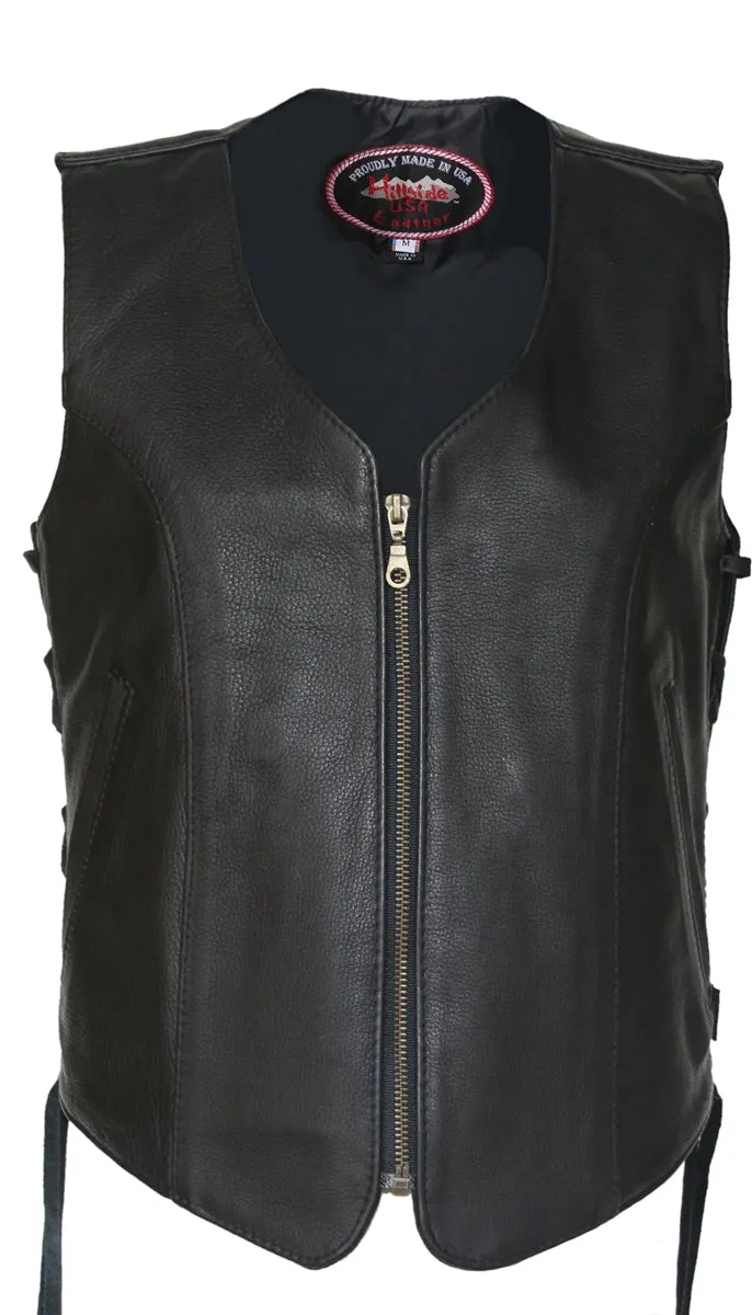 Women's Zip Up Black Biker Leather Vest with gun pockets