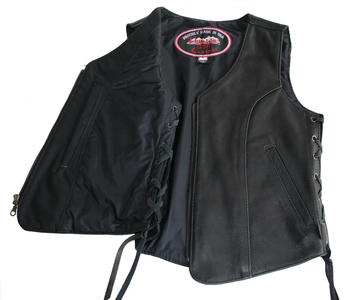 Women's Zip Up Black Biker Leather Vest with gun pockets