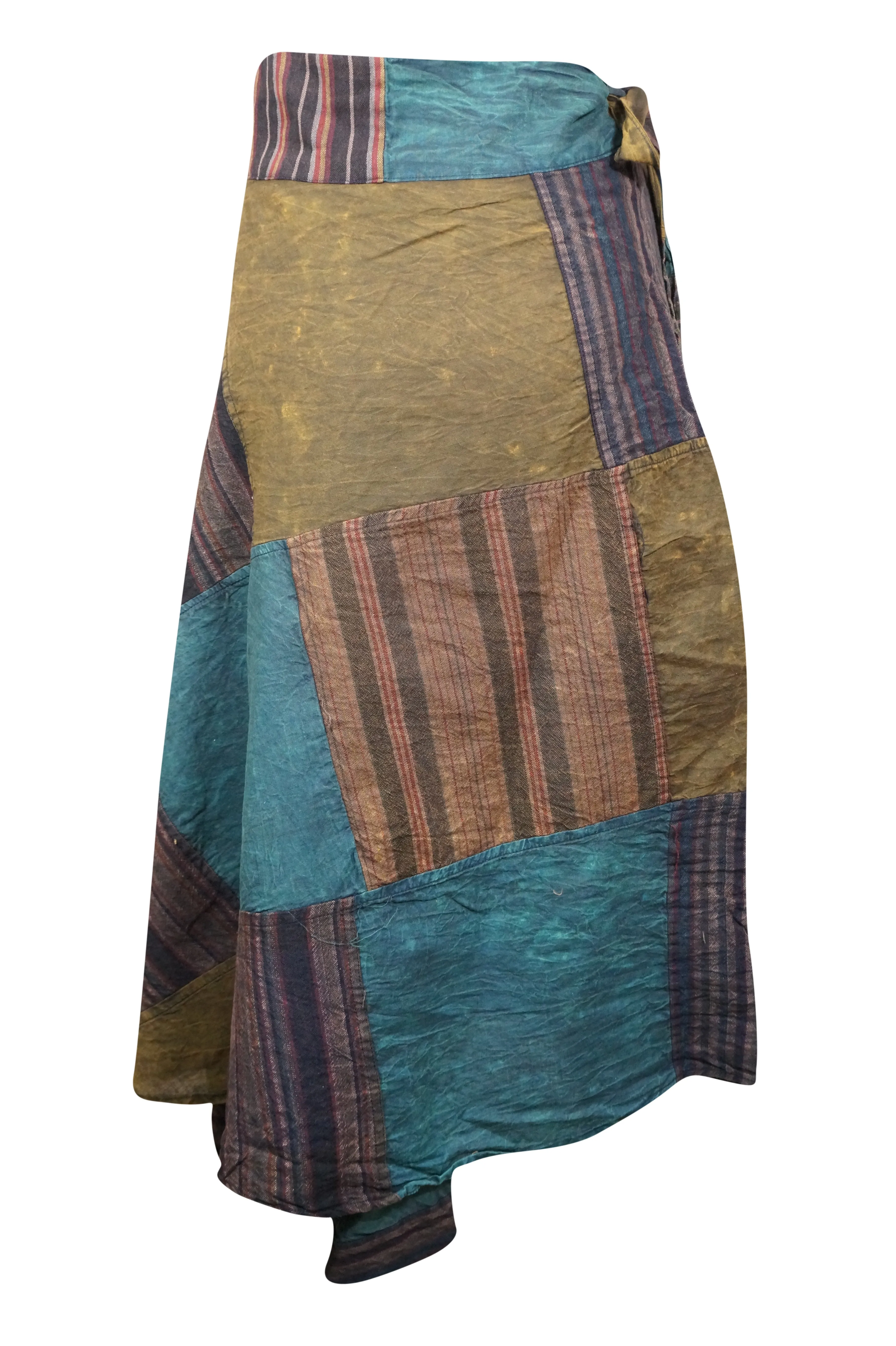 Wrap Around Skirts Cotton Beige Blue Patchwork Midi Skirts One size