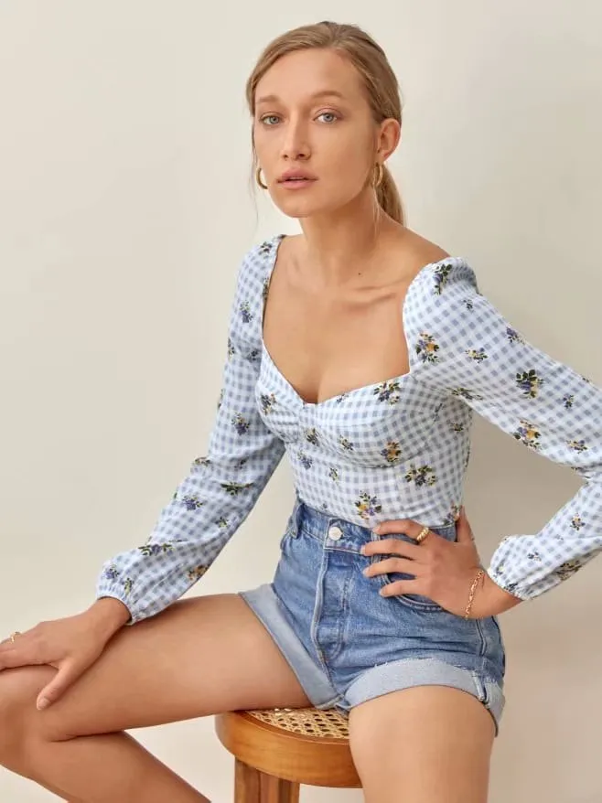 xakxx xakxx Vintage Blue Tartan Floral Print  Women Tops And Blouses Chic Slim Long Sleeve Ropa Mujer Fashion Square Collar Shirt Tops