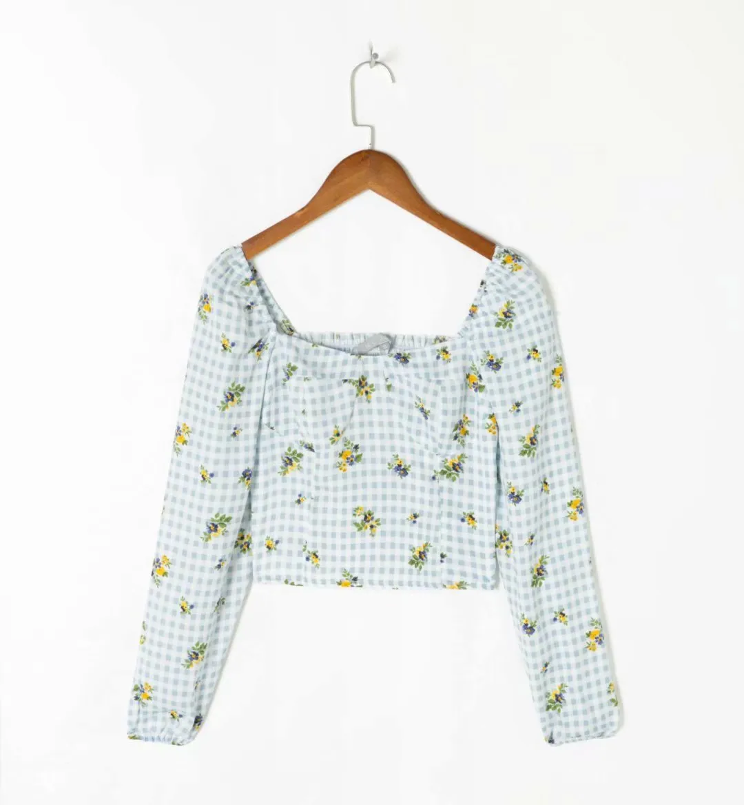 xakxx xakxx Vintage Blue Tartan Floral Print  Women Tops And Blouses Chic Slim Long Sleeve Ropa Mujer Fashion Square Collar Shirt Tops