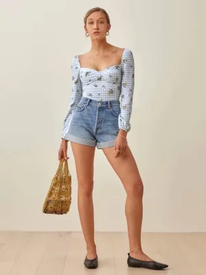 xakxx xakxx Vintage Blue Tartan Floral Print  Women Tops And Blouses Chic Slim Long Sleeve Ropa Mujer Fashion Square Collar Shirt Tops